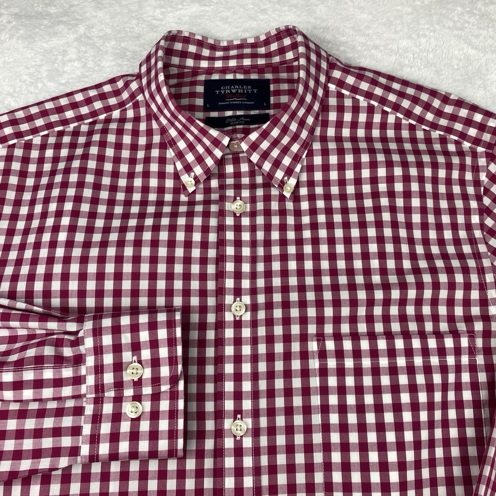 Charles Tyrwhitt "Weekend" Shirt Mens Large Red/White Checks Slim‎ Fit No Iron